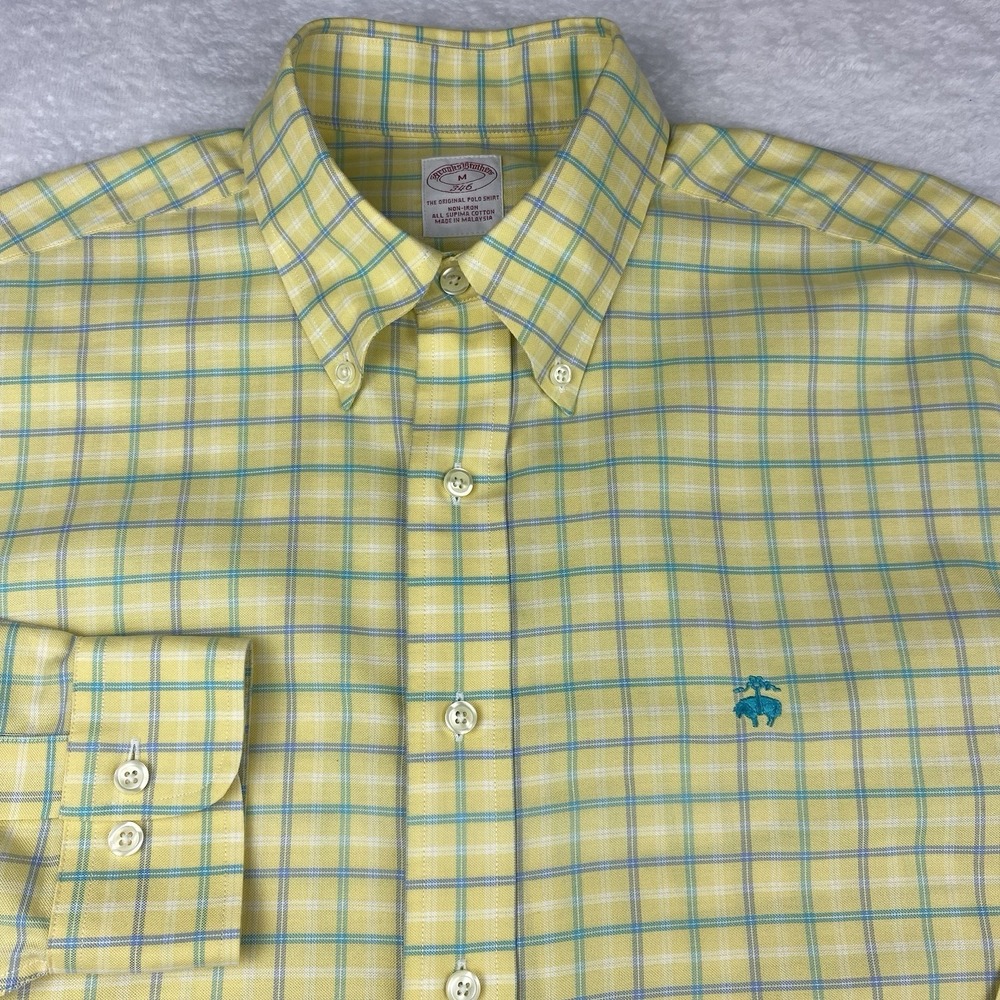 Brooks Brothers Shirt Mens Medium Yellow w/Green Checks 346 Embroidered No Iron
